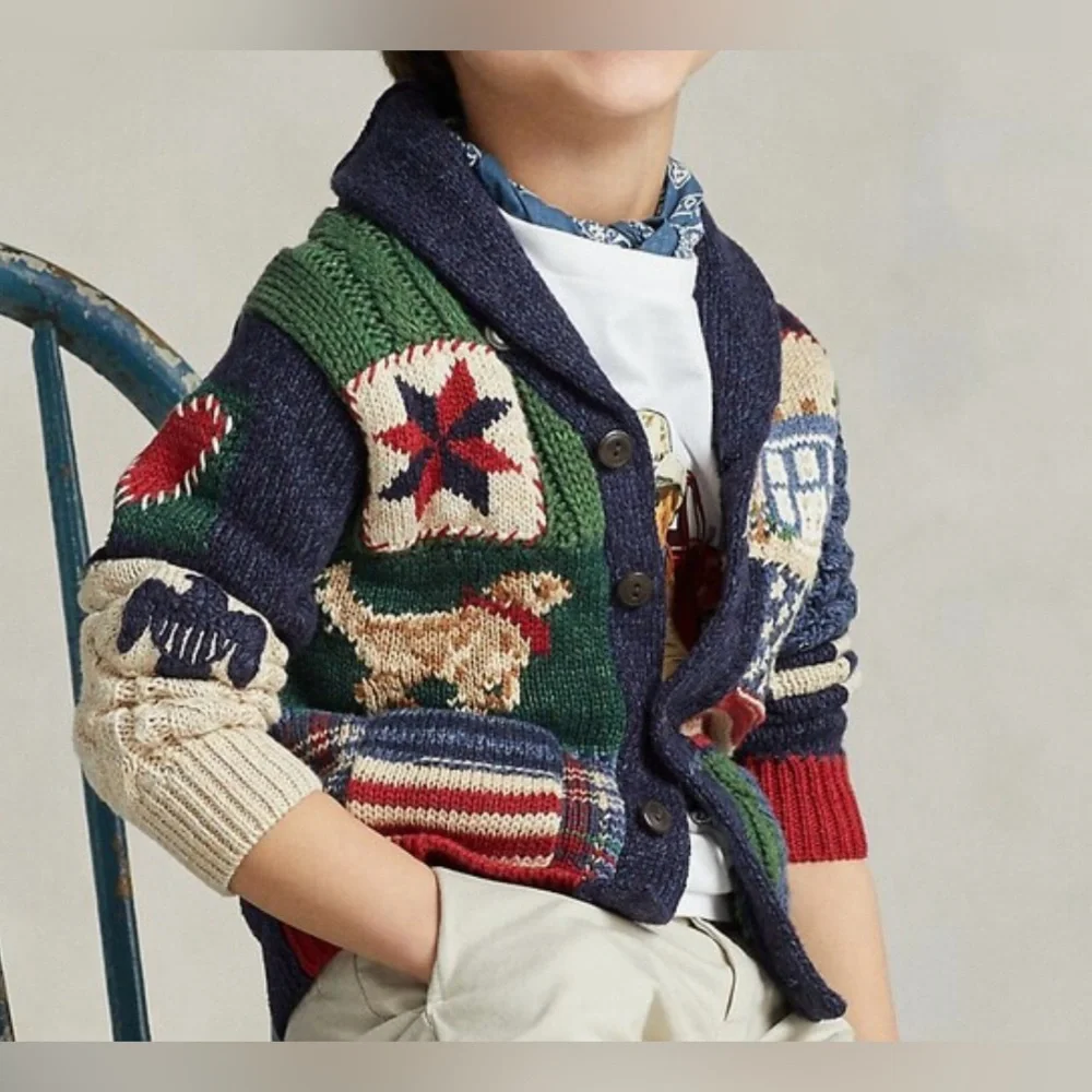 NWT! Ralph Lauren Patchwork Cotton-Blend Shawl Cardigan Boys size 4/5